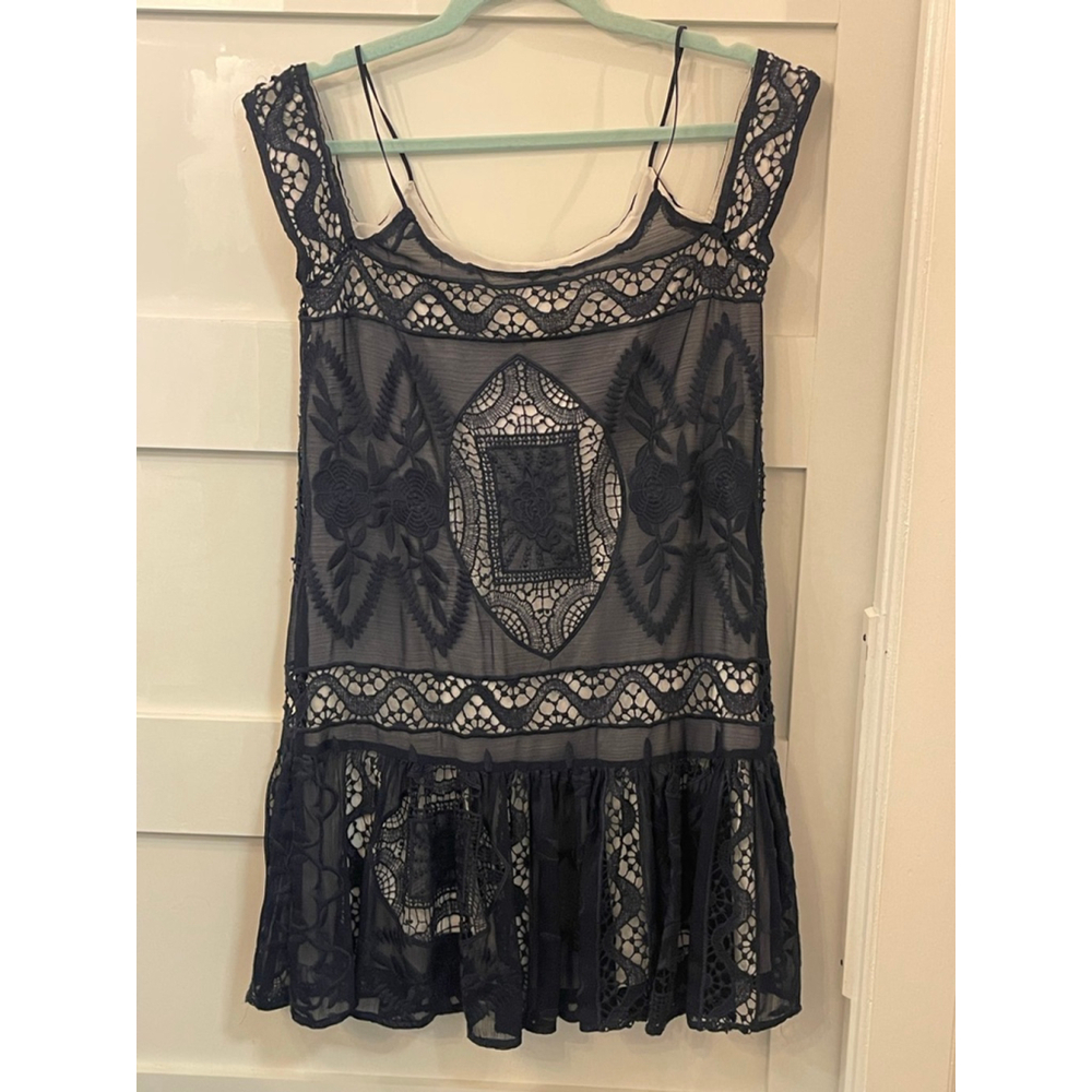 Art Artelier Nicole Miller Navy Lace Dress Petite Small Sheer Drop Waist Lined - Picture 2 of 7